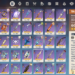 90LVL⭐Keqing(C3)🔥Jean(C1)⭐Kamisato Ayaka🔥Yelan⭐Shenhe🔥Kaedehara Kazuha⭐Raiden Shogun🔥Sangonomiya Kokomi⭐Qiqi💜NA💜2 |5 stars*  Weapons💜38 CHARACTERS 1
